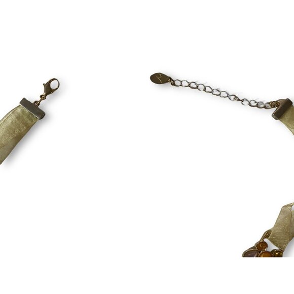 Gold Tone Amber & Green Mother Of Pearl Shell Layered Ribbon Necklace Versona - Picture 5 of 5